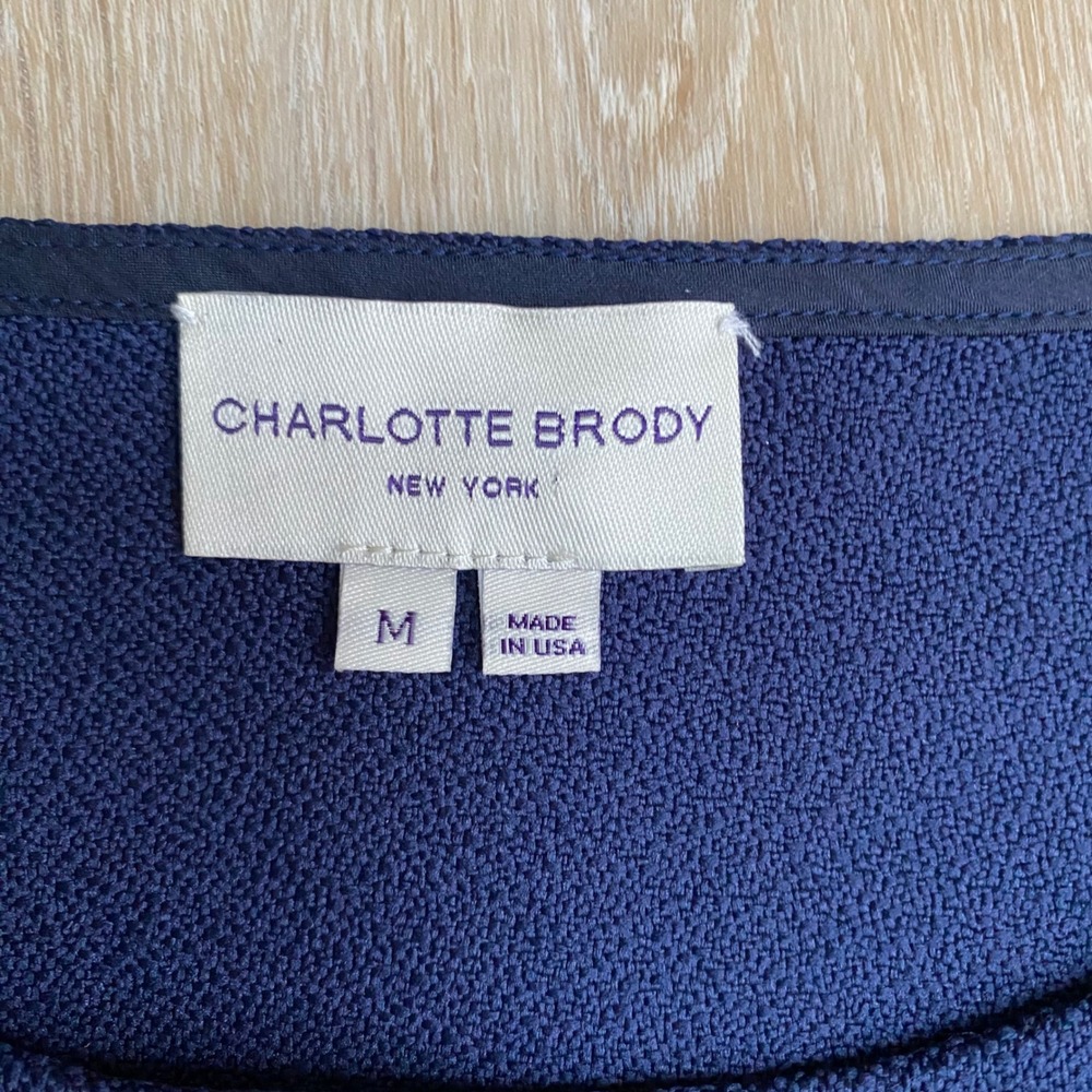 Charlotte Brody New York Navy Blue Textured Crepe Cap Sleeve Blouse Top Medium - Picture 2 of 5